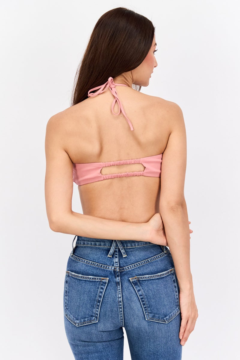Asos Design Women Halter Neck Sleeveless Solid Crop Top, Peach - Image 2
